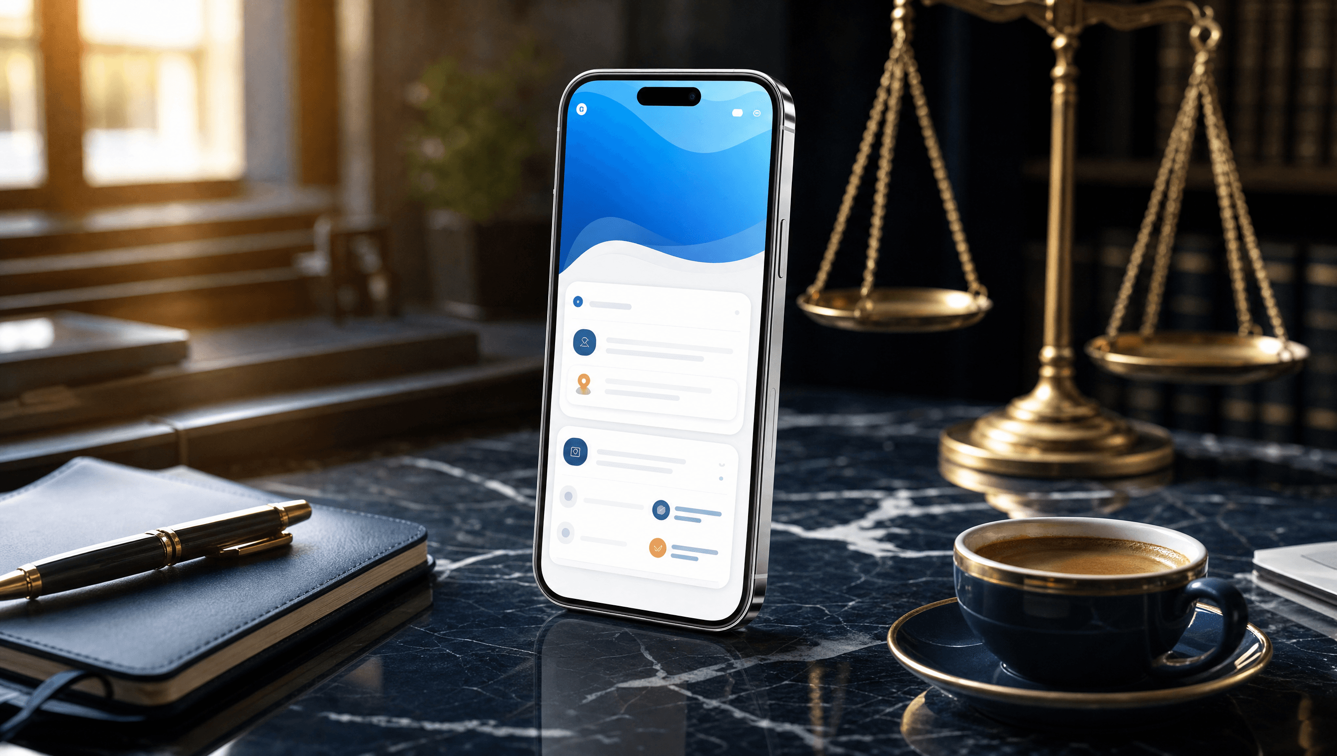 Custom branded mobile app for a law firm shown on an iPhone