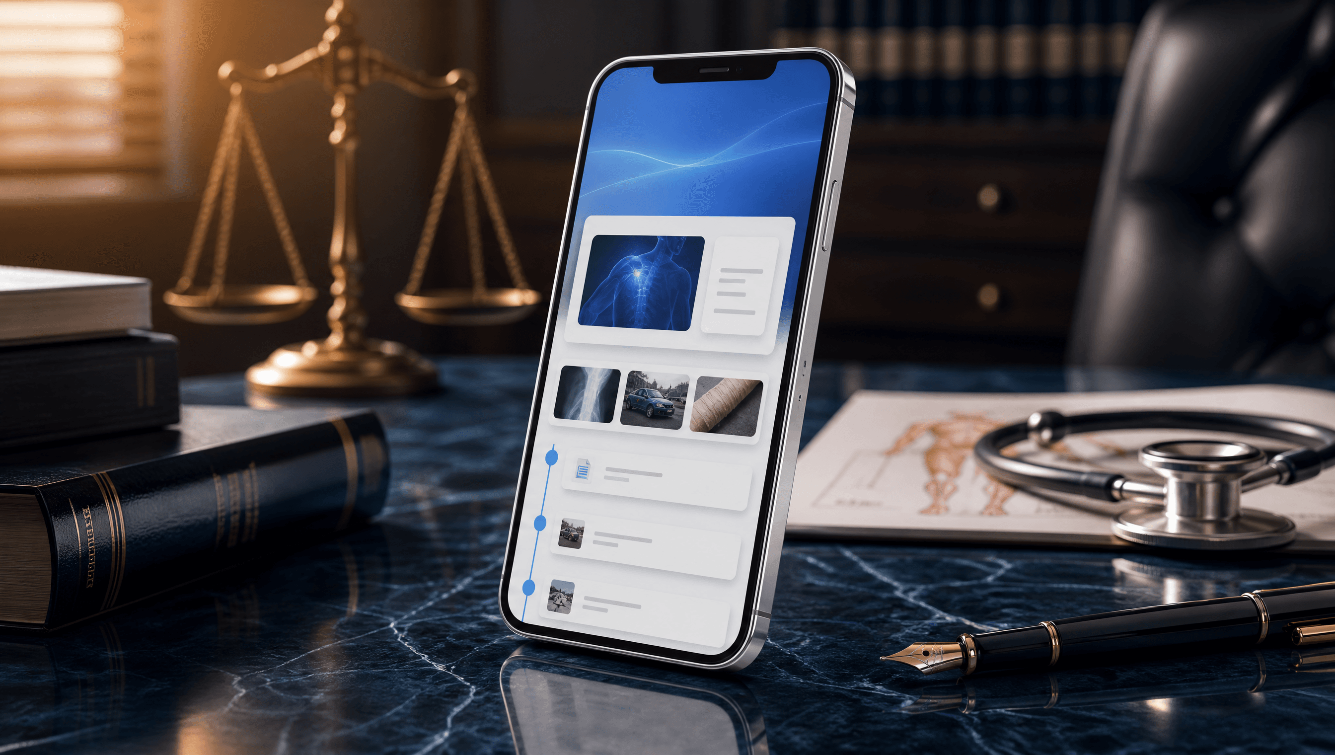 Branded mobile app for a personal injury law firm shown on an iPhone