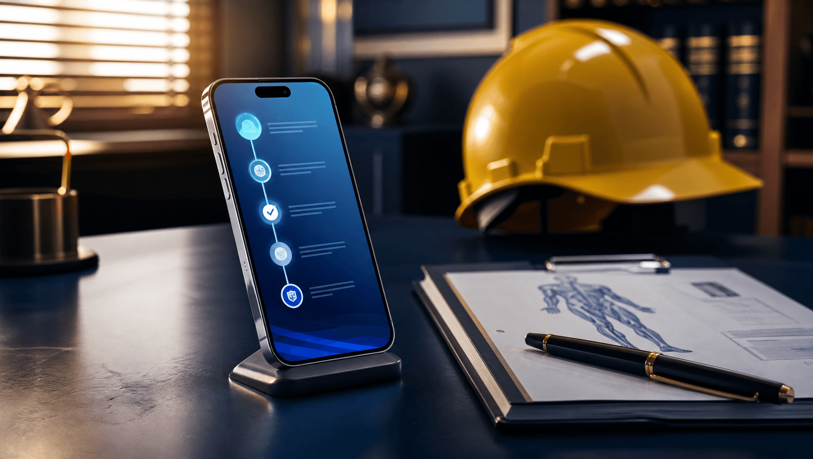 Branded mobile app for a workers compensation law firm shown on an iPhone